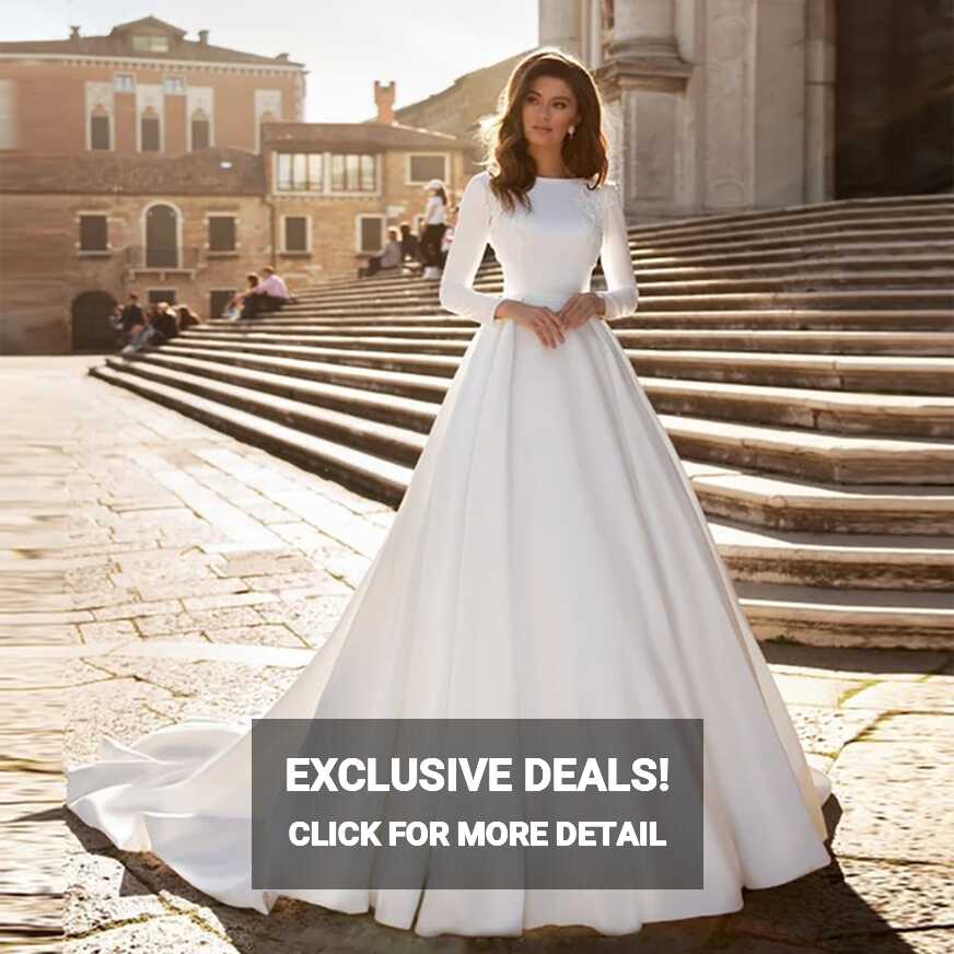 Elegant Simple Wedding Dress A-Line Scoop Bridal Gown Long Sleeves ...