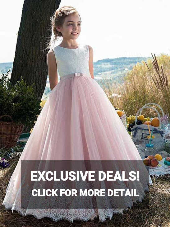 Elegant Sleeveless A-line Long Flower Girl Dresses Pink Tulle Lace ...