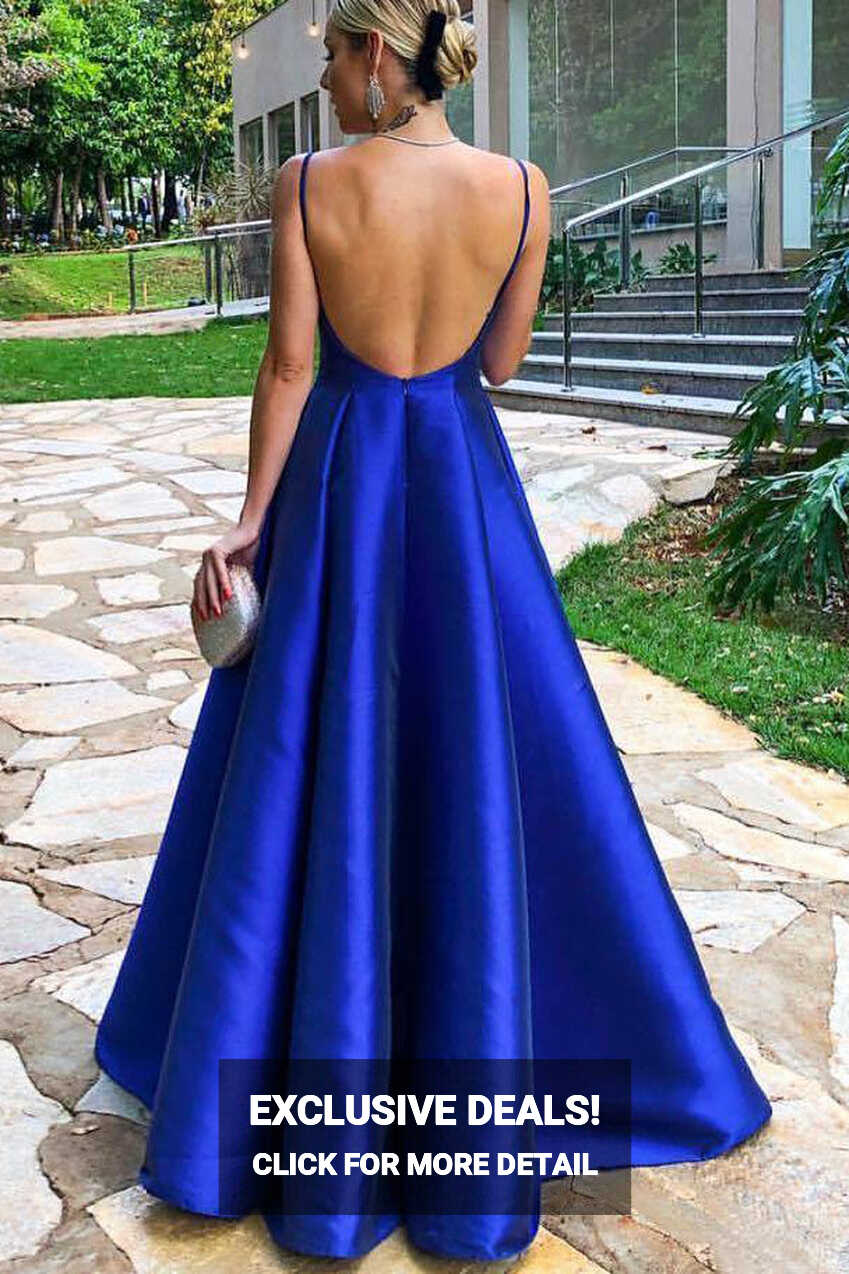 Elegant Spaghetti Straps Royal Blue Satin Prom Dress – FancyVestido