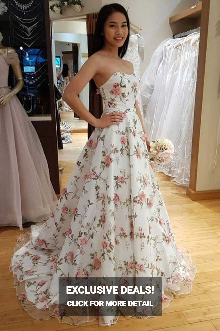 Elegant Strapless Long White Floral Prom Dress – FancyVestido