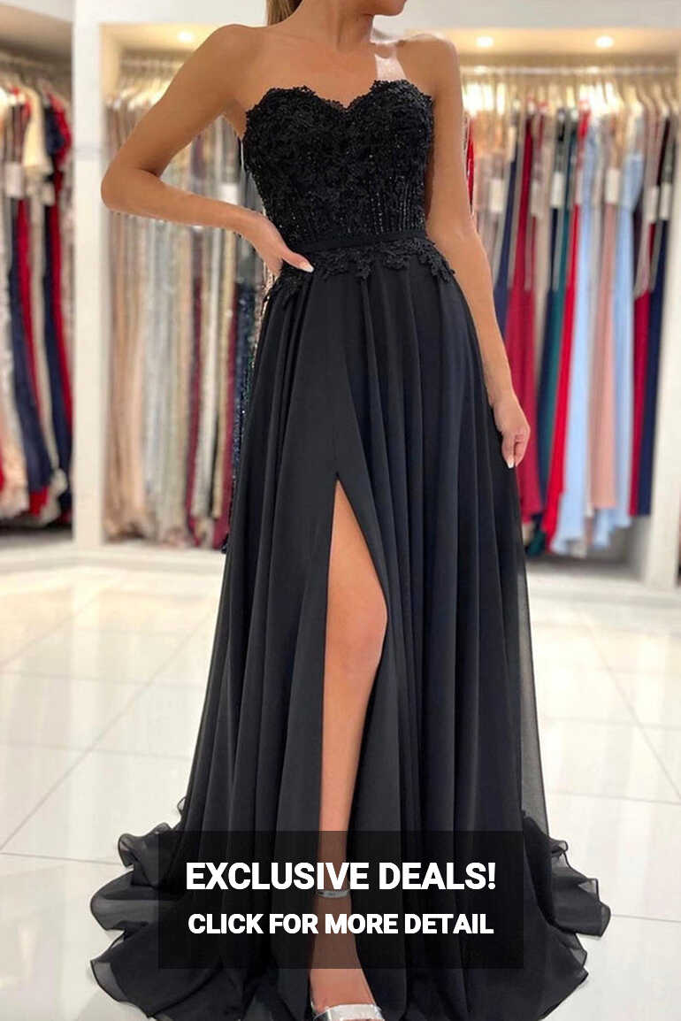 Elegant Sweetheart Neck Black Lace Long Prom Dresses, Strapless ...