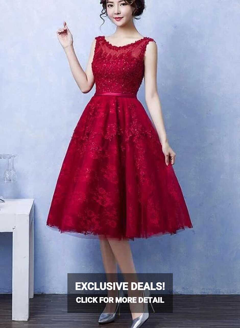 Elegant Tea Length Wine Red Homecoming Dress, Lace Party Dress ...