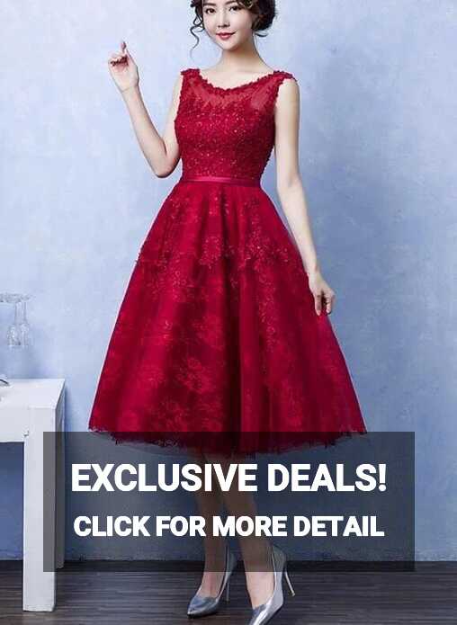 Elegant Tea Length Wine Red Homecoming Dress, Lace Party Dress