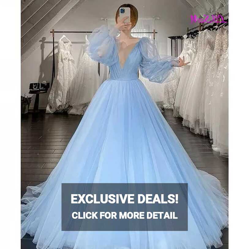 Elegant Tulle Princess Prom Dresses A-Line Light Blue/Red V-Neck ...