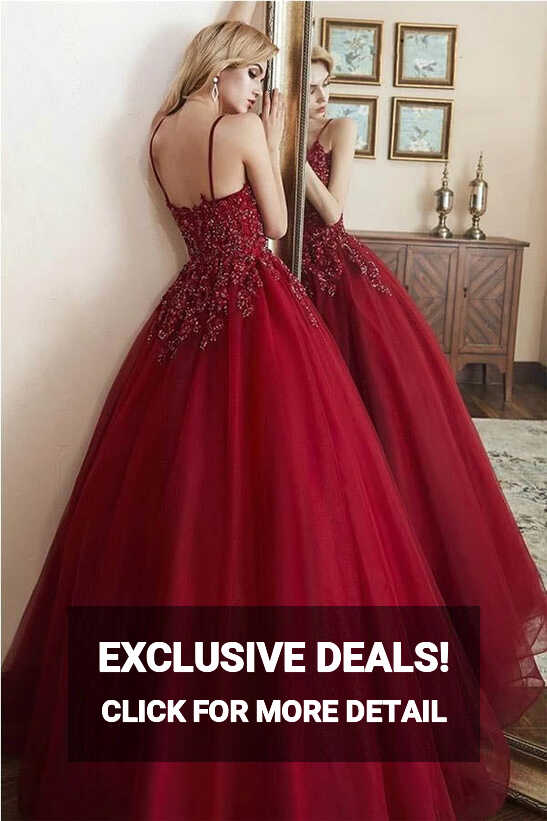 Elegant Tulle Straps Ball Gown Beaded Burgundy Long Prom Dress ...