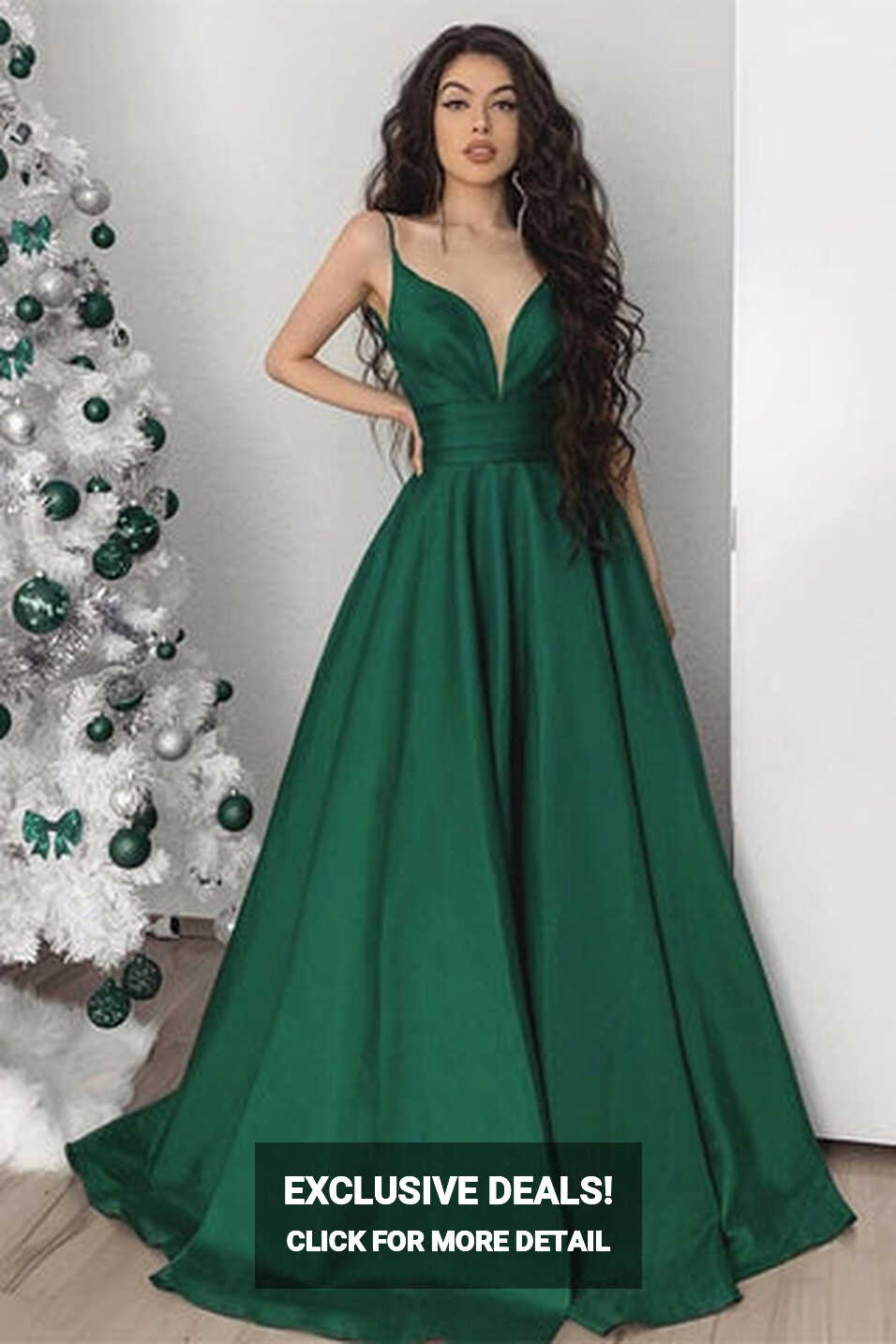 Elegant V Neck Emerald Green Satin Long Prom Dress, V Neck Green ...