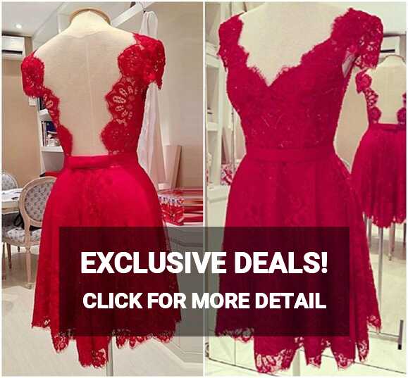 Elegant V Neck Low Back Red Lace Dress, Short Prom Dress, Lace ...