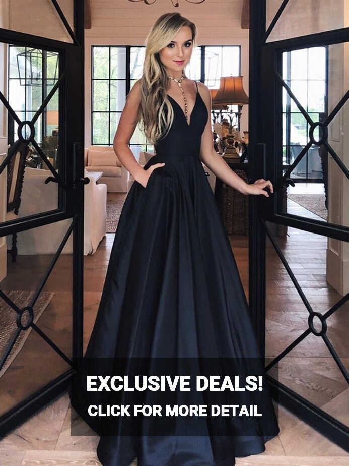 Elegant V Neck Satin Black Long Prom Dresses with Pockets, Simple ...