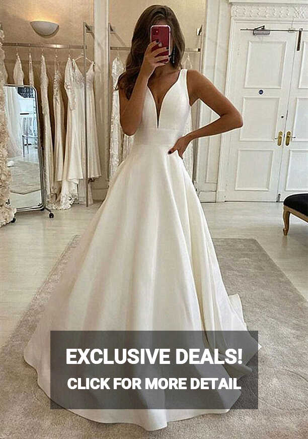 Elegant V-Neck Satin Wedding Dresses Sleeveless Slim A-line Simple ...