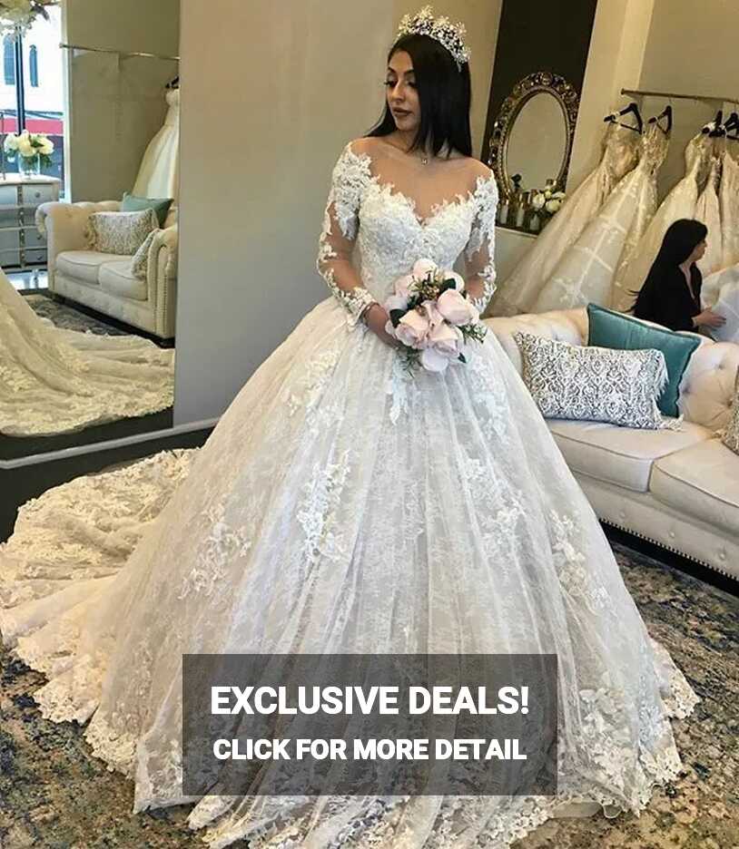 Elegant Wedding Dresses Long Sleeves Scoop Neck Sweep Train Lace ...