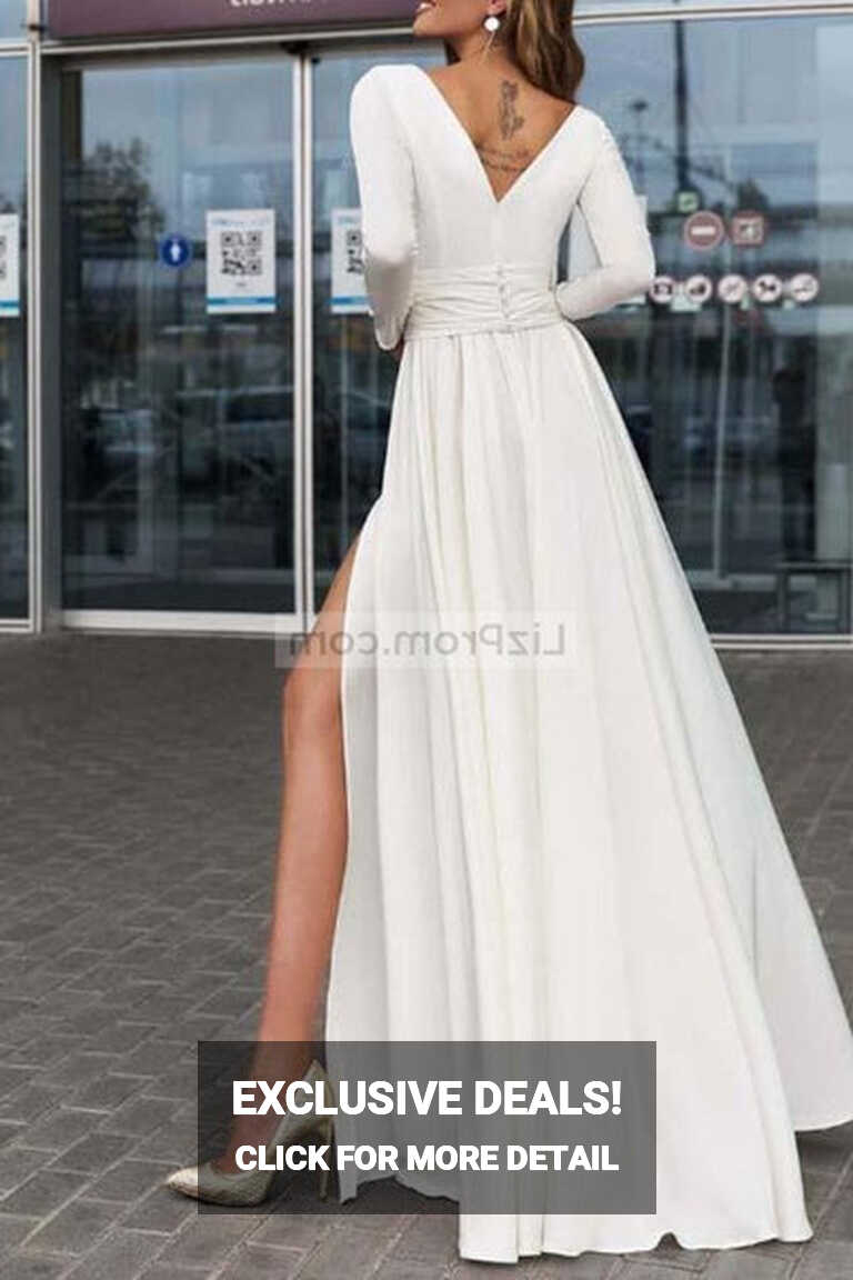 Elegant White Long Sleeves Slit V-Neck Formal Prom Dress – Lovost