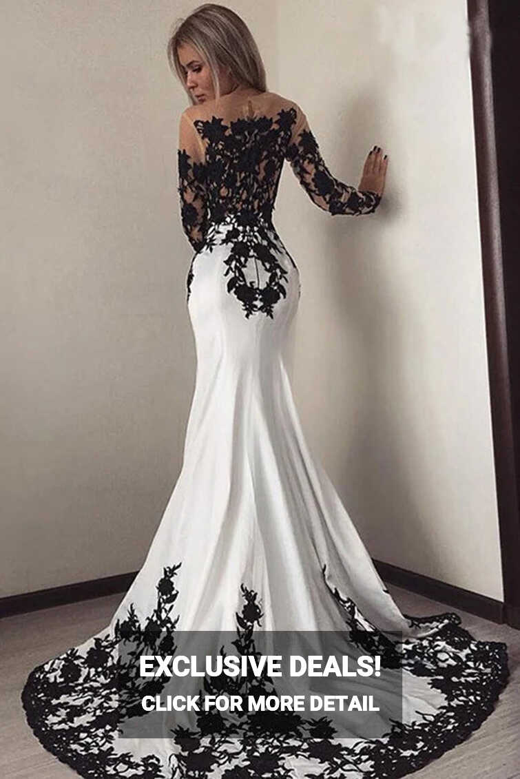 Elegant White Satin Mermaid Long Prom Dress Chic Black Lace ...