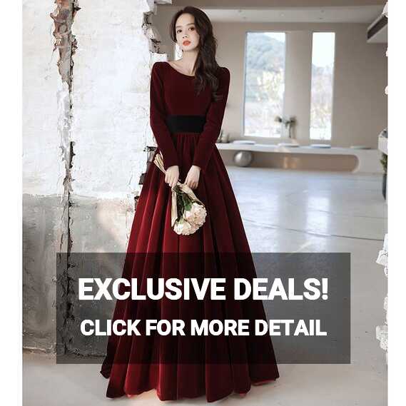 Elegant Wine Red Velvet Long Sleeves Formal Dress, Formal ...