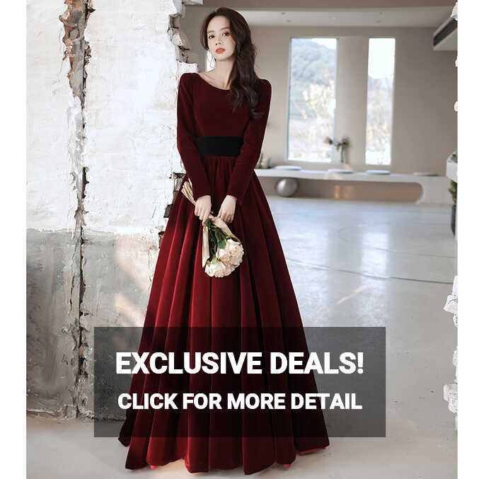 Elegant Wine Red Velvet Long Sleeves Formal Dress, Long Dark Red ...