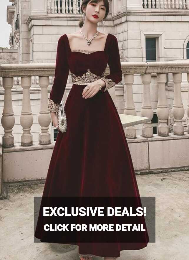 Elegant Wine Red Velvet Long Sleeves Party Dress, Dark Red Evening ...