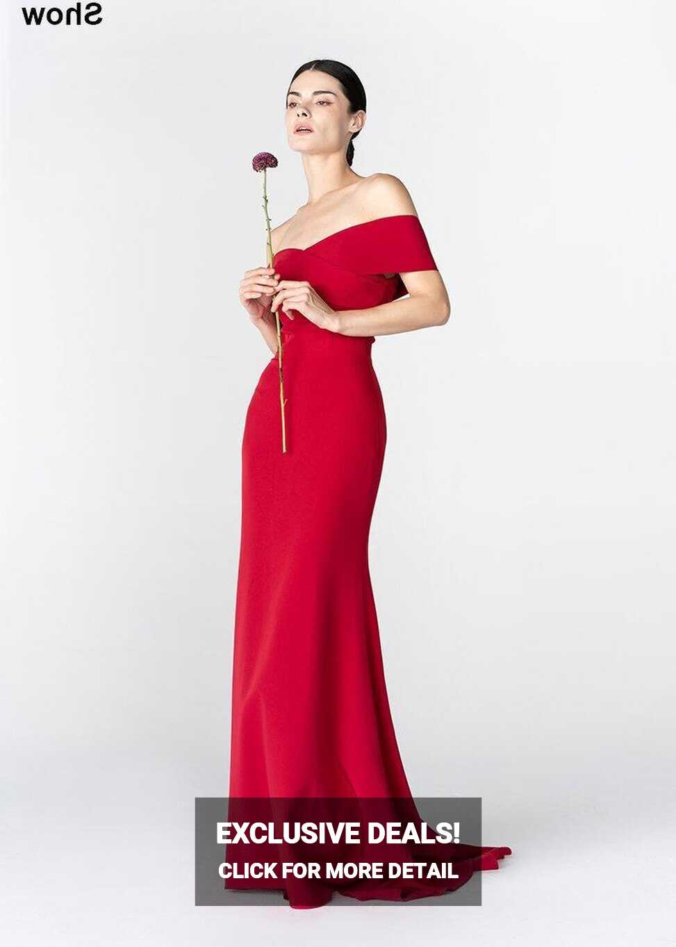 Elegant simple minimalist red long off-shoulder prom bridesmaids ...