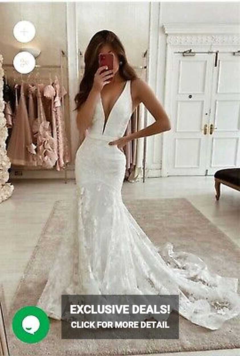 Elegant white drop waist deep v sexy lace mermaid wedding dress ...