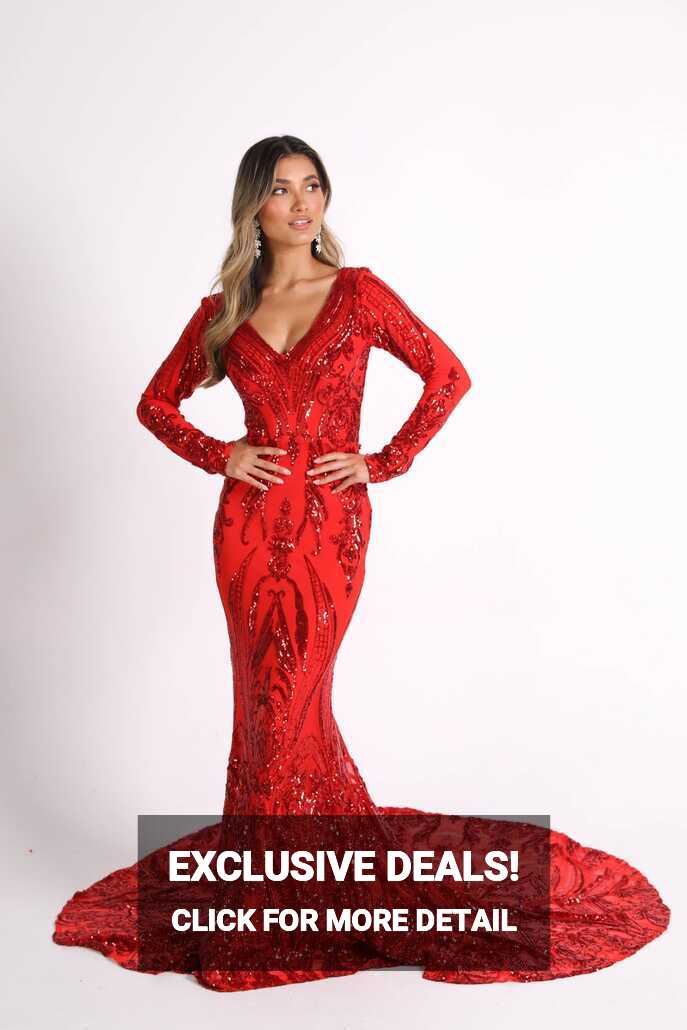 Elena Long-Sleeve Pattern Sequin Gown - Red – Noodz Boutique