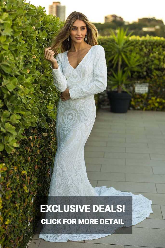 Elena Long-Sleeve Pattern Sequin Gown - White/White – Noodz Boutique