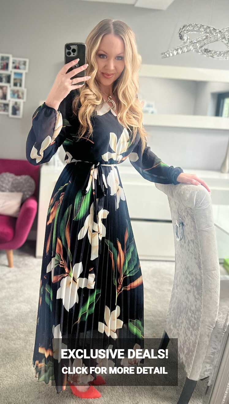 Elle Black Floral Chiffon Pleated Belted Maxi Dress | LittleMadam