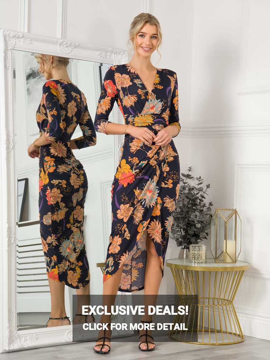 Ellen Draped Bodycon Maxi Dress, Navy Orange Floral – Jolie Moi Retail