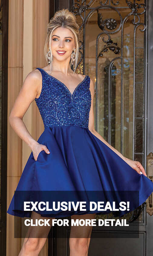 Embellished-Bodice Short Prom Dress with Pockets