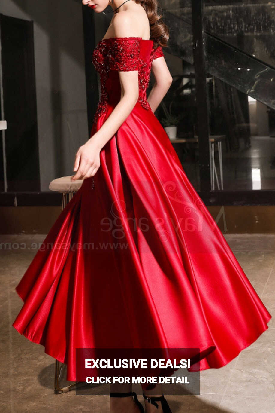 Embroidered And Sparkly Tea Length Elegant Red Dress for ...