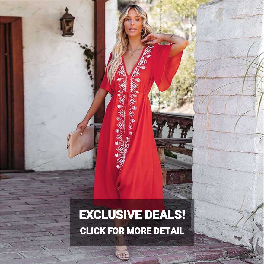 Embroidered Dress Red Casual Boho Rayon Airy Women&#39;s Maxi Dress ...