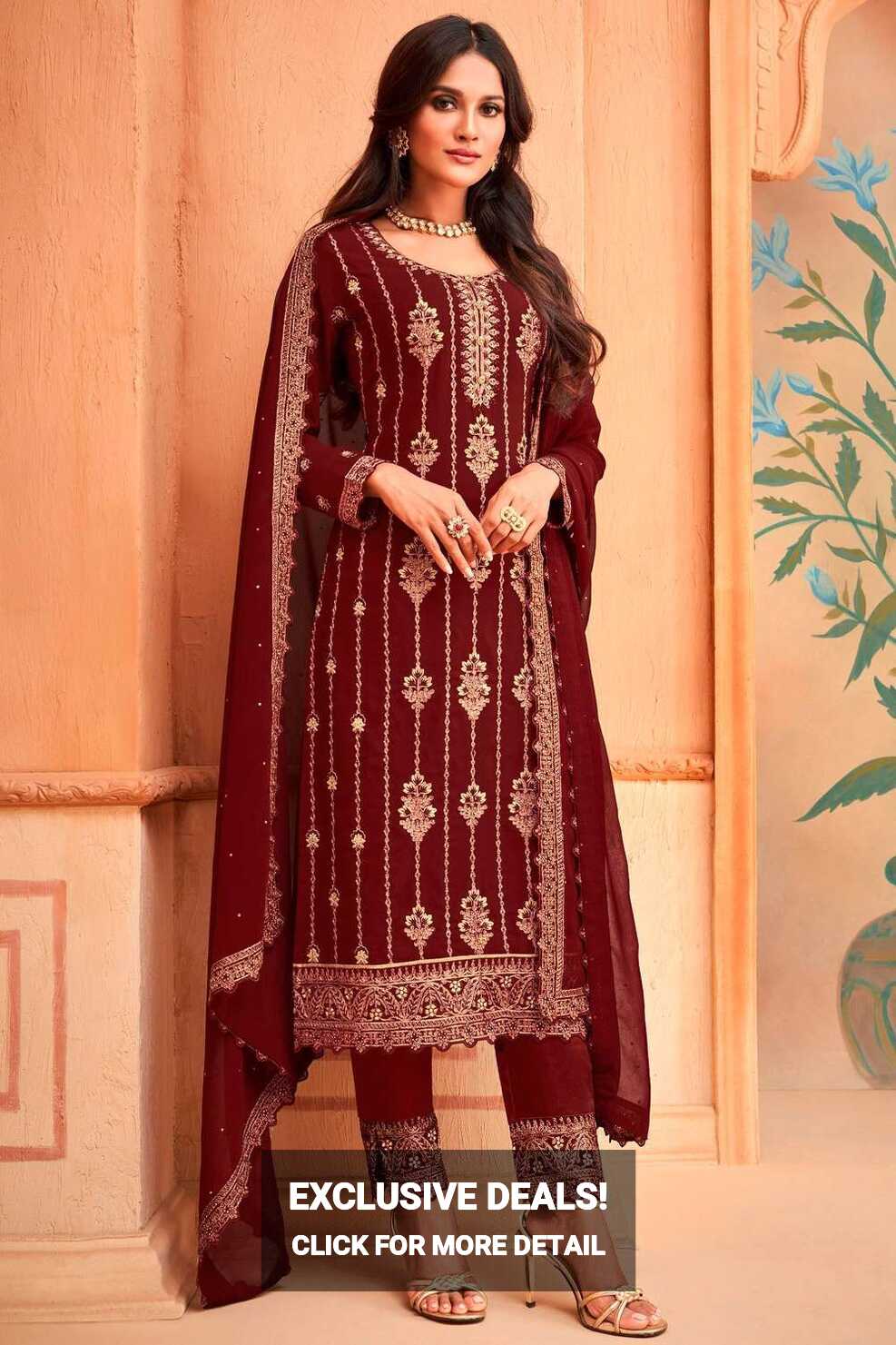 Embroidered Faux georgette Eid Salwar Kameez in Maroon with ...