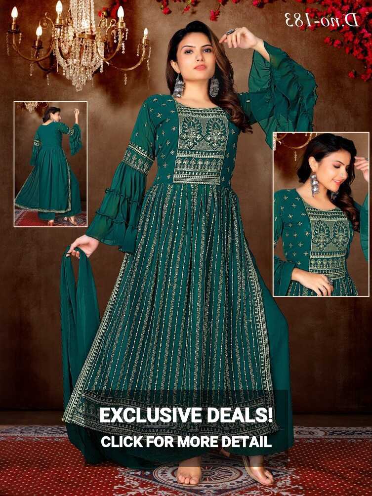 Embroidered Ladies Green Georgette Nayra Cut Party Wear Suit Set ...