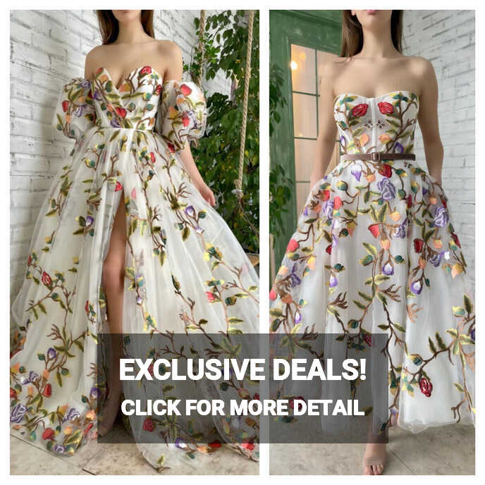 Embroidery Short Floral Puff Sleeves V-neck Prom Dresses Side Slit ...