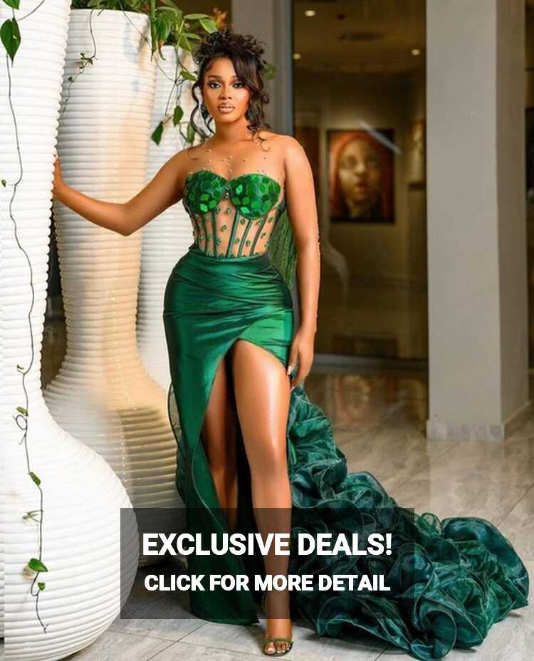 Emerald Green Aso Ebi Prom Dress with Big Ruffles Train Sexy Split ...