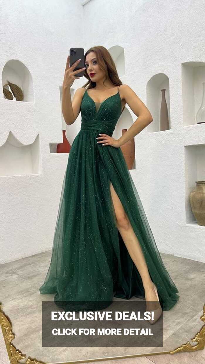 Emerald Green Glitter Maxi Tulle Prom Dress,Wedding Guest Dress ...