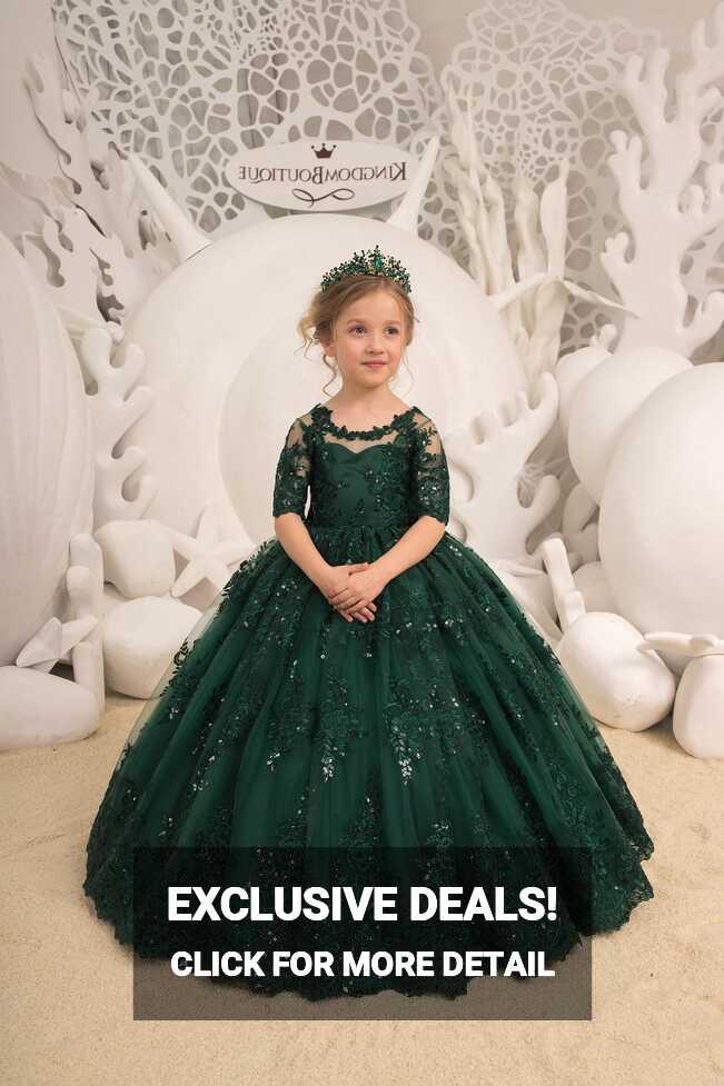 Emerald Green Lace Tulle Half Sleeve Formal Flower Girl Dress for ...