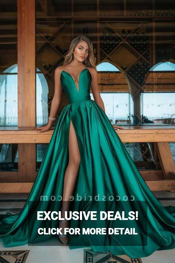 Emerald Green Long A-line V-neck Sleeveless Prom Dress With Slit ...