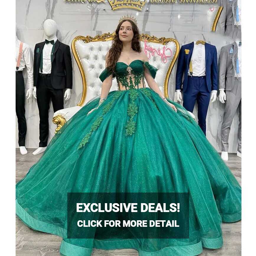 Emerald Green Quinceanera Dresses Ball Gown Puffy Beaded Sweet 16 ...