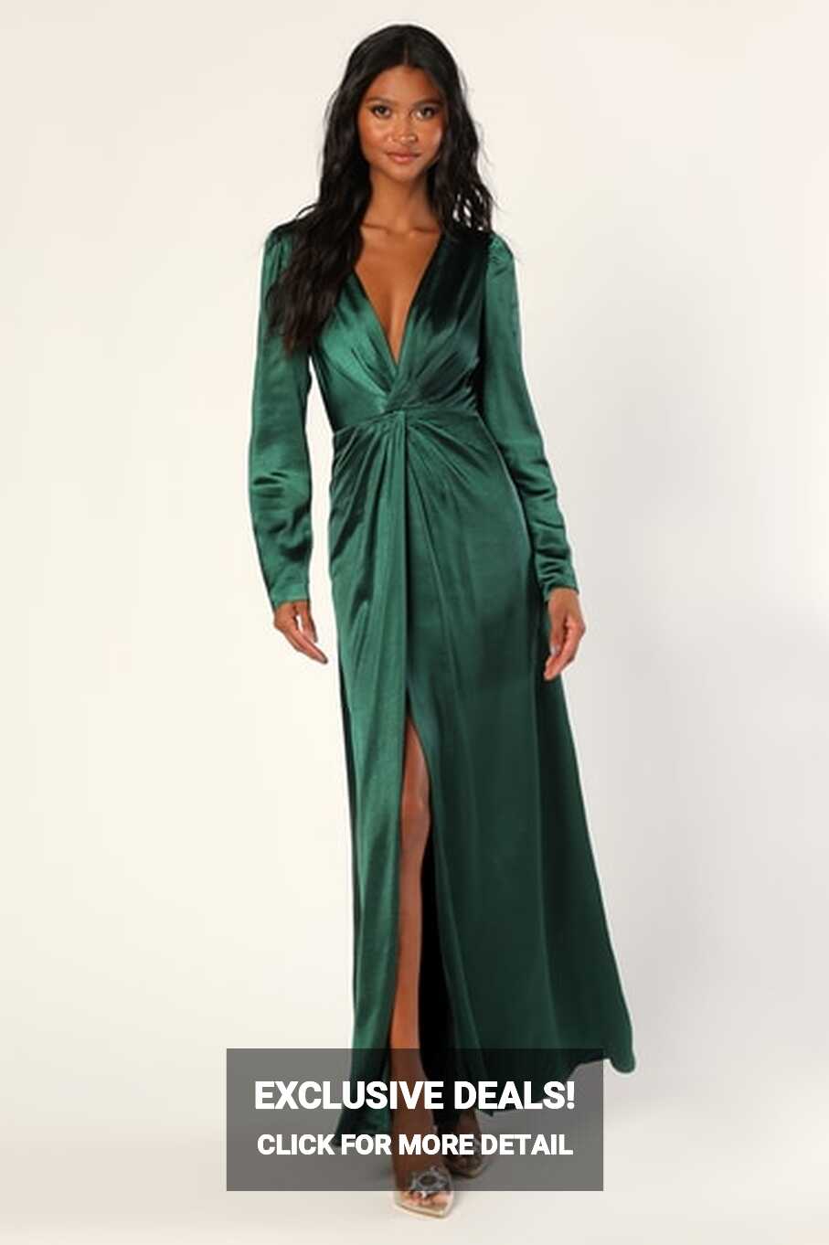 Emerald Green Satin Dress - Long Sleeve Dress - Maxi Dress - Lulus