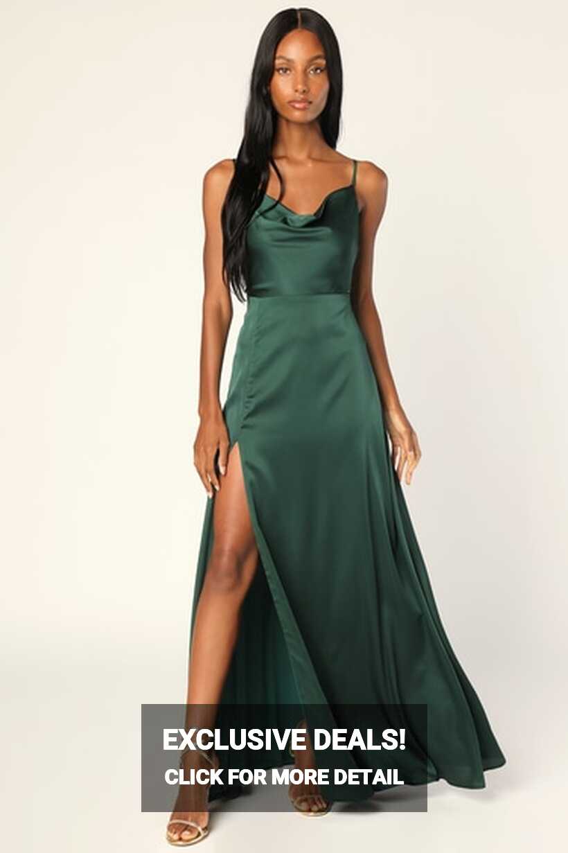 Emerald Green Satin Dress - Satin Maxi Dress - Cowl Neck Dress - Lulus