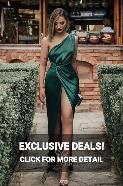 Emerald Green Satin One Shoulder Split Long Dress - VQ