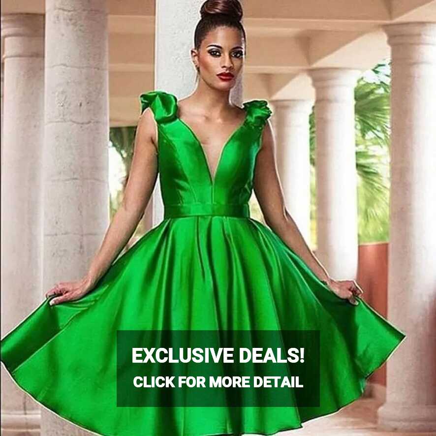 Emerald Green Satin V Neck Cocktail Dress Short Party Evening Wear ...