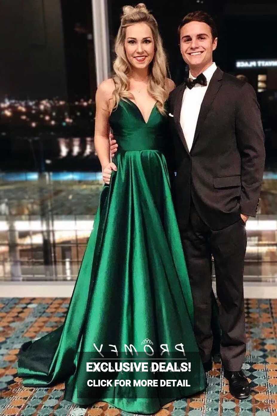 Emerald Green Satin V Neck Long Wedding Guest Dress - Promfy