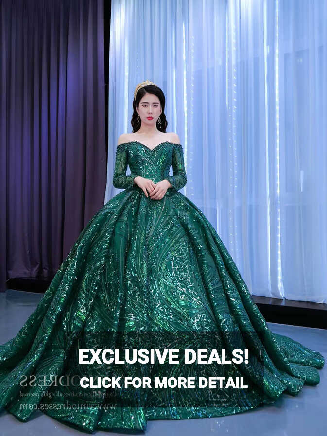 Emerald Green Sequin Lace Ball Gown Long Sleeve Wedding Dress ...