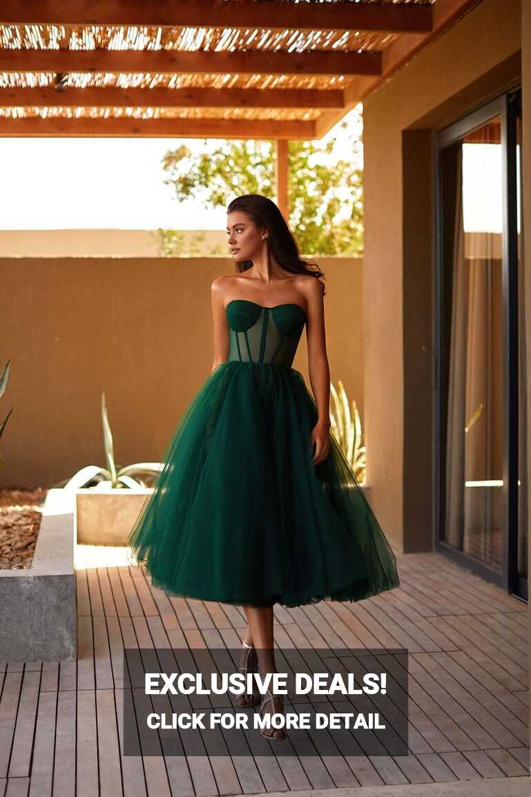 Emerald Green Strapless Puffy Midi Tulle Dress ➤➤ Milla Dresses ...