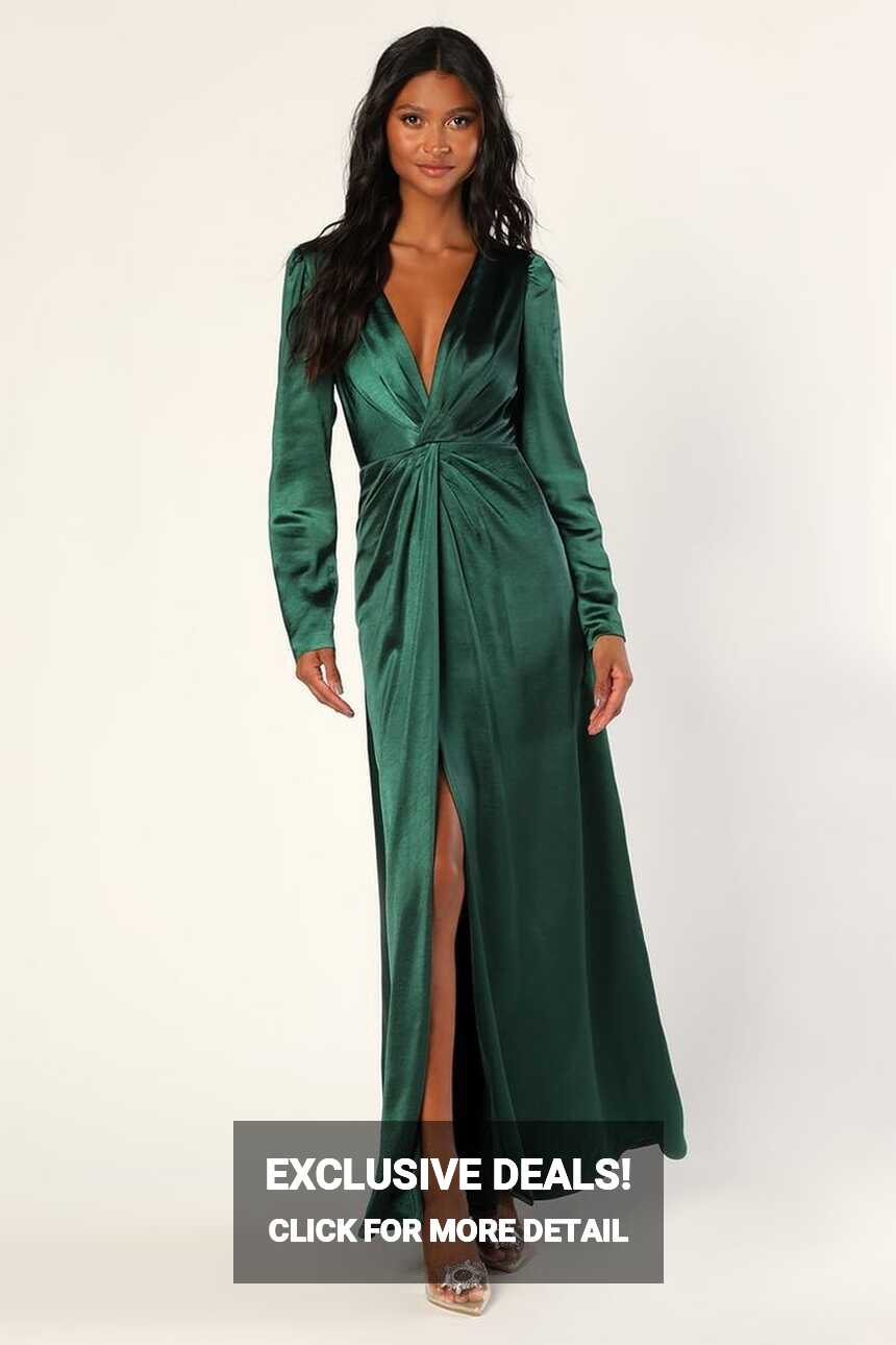 Endearing Elegance Emerald Green Satin Long Sleeve Maxi Dress