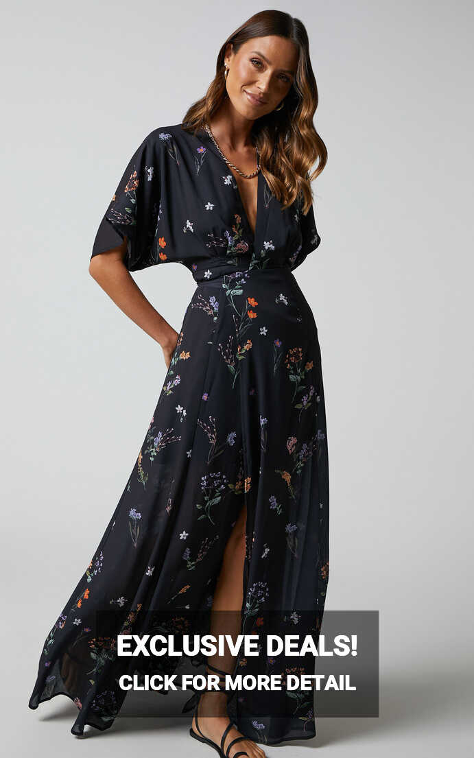 Erenza Maxi Dress - Extended Sleeve Wrap Dress in Black Flower ...