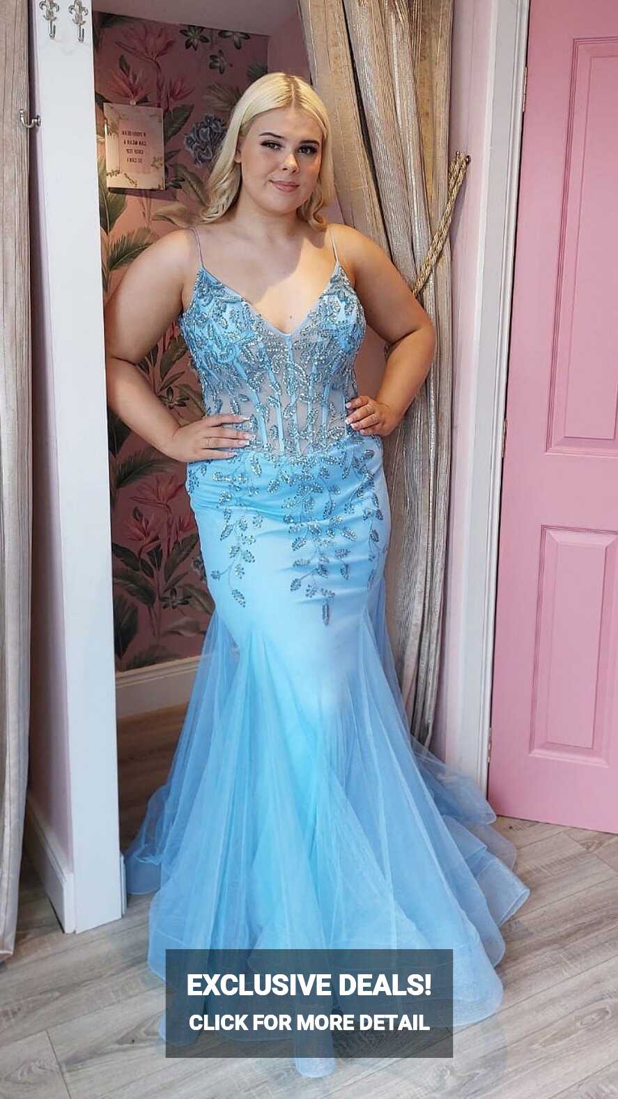 Esme Baby Blue Mermaid Skinny Strapped Formal Prom Dress