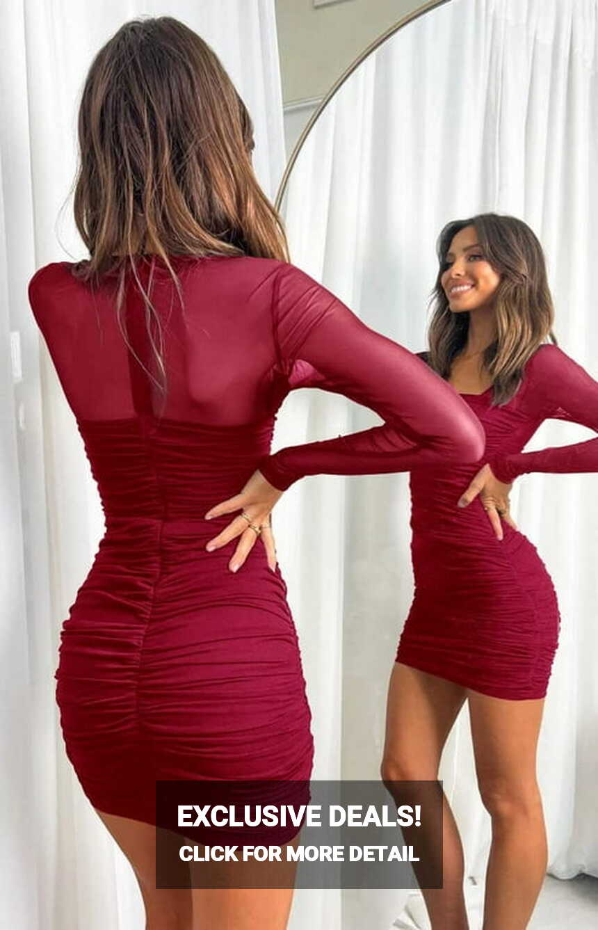 Esobo Women&#39;s Long Sleeve Mesh Party Ruched Bodycon Dress Elegant ...