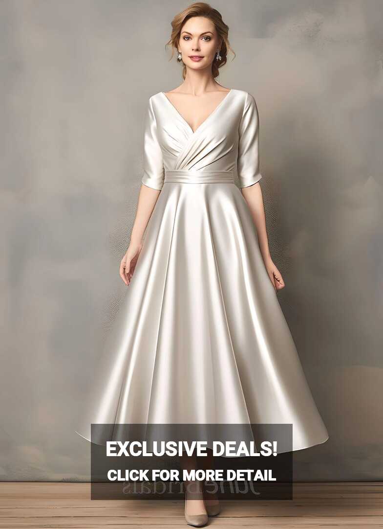 Ethereal A-Line V-neck Satin Half Sleeve Mother of the Bride Dress ...