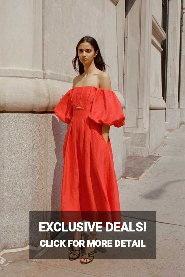 Eugenie Off Shoulder Midi Dress | Scarlet Red | Aje – Aje ROW