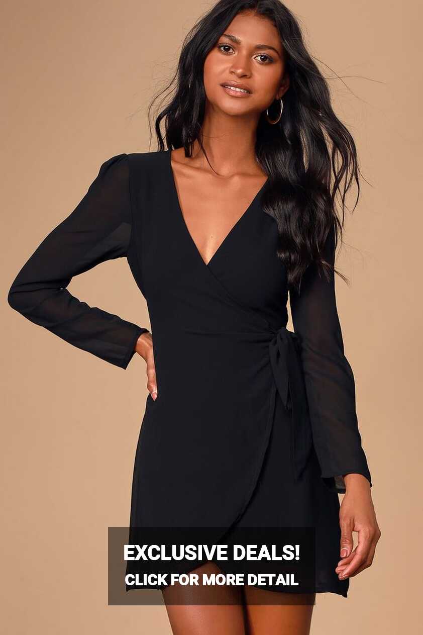 Evangeline Black Long Sleeve Wrap Dress | Wrap dress short, Wrap ...